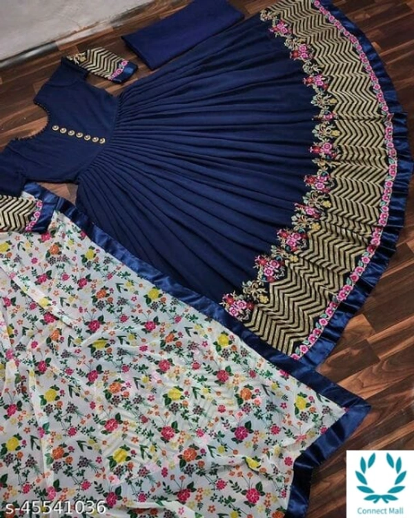 Blue Georgette Long Gown - Free Size, Blue, Georgette, Embroidered, Pack of :1